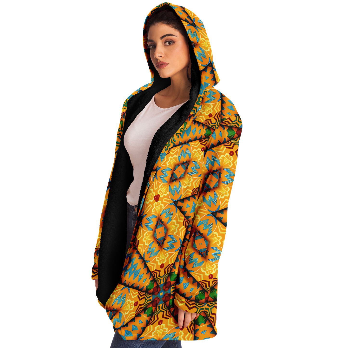 Women's Golden Geometric Mosaic Pattern Microfleece Cloak
