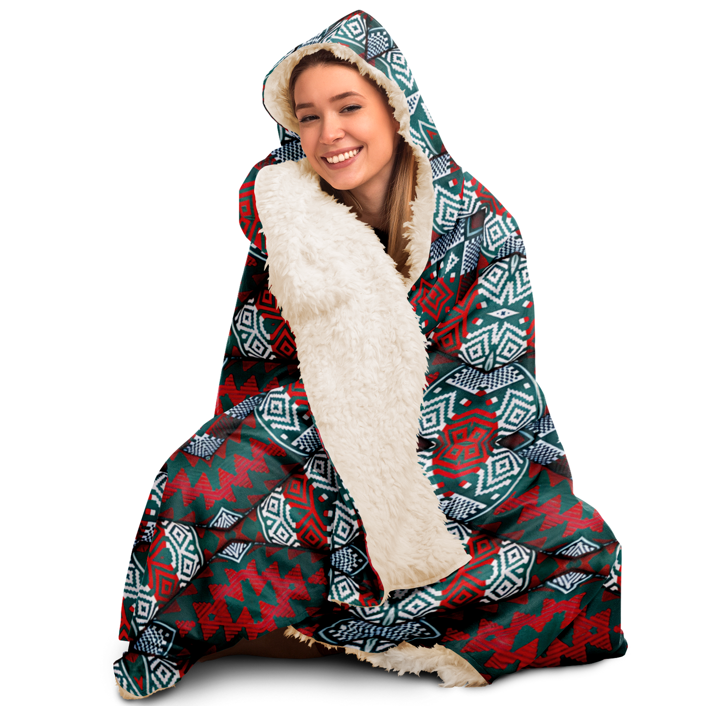 Women's Red, Green & Teal Tribal Geometric Pattern All-Over Print Hooded Blanket Sherpa
