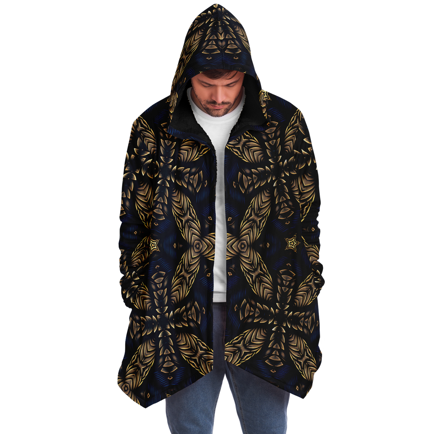 Men's Asymmetrical Gold, Blue & Black Pattern All Over Print Microfleece Cloak