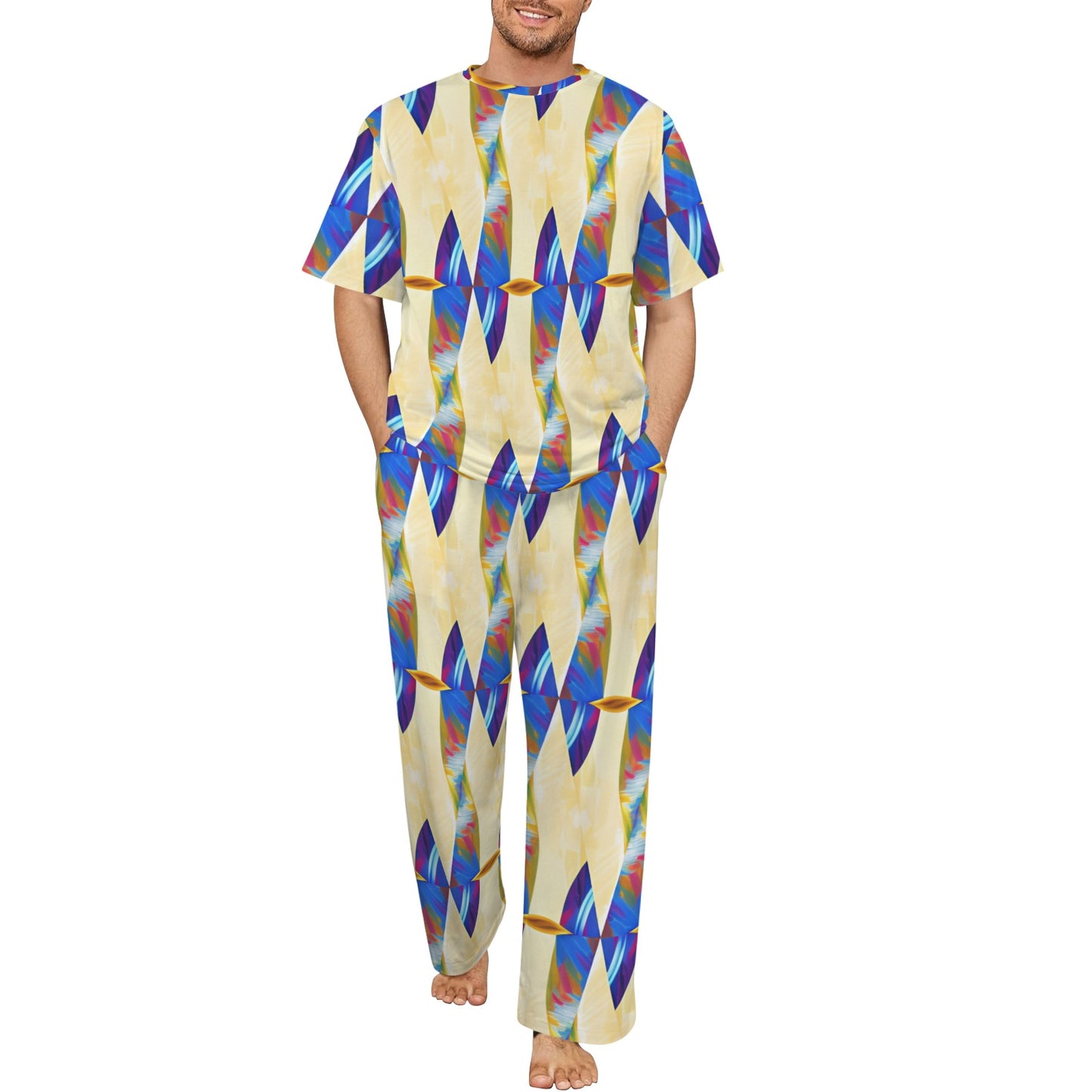 Men's Abstract Blue Wave Pattern All Over Print Crew Neck Pajama Set