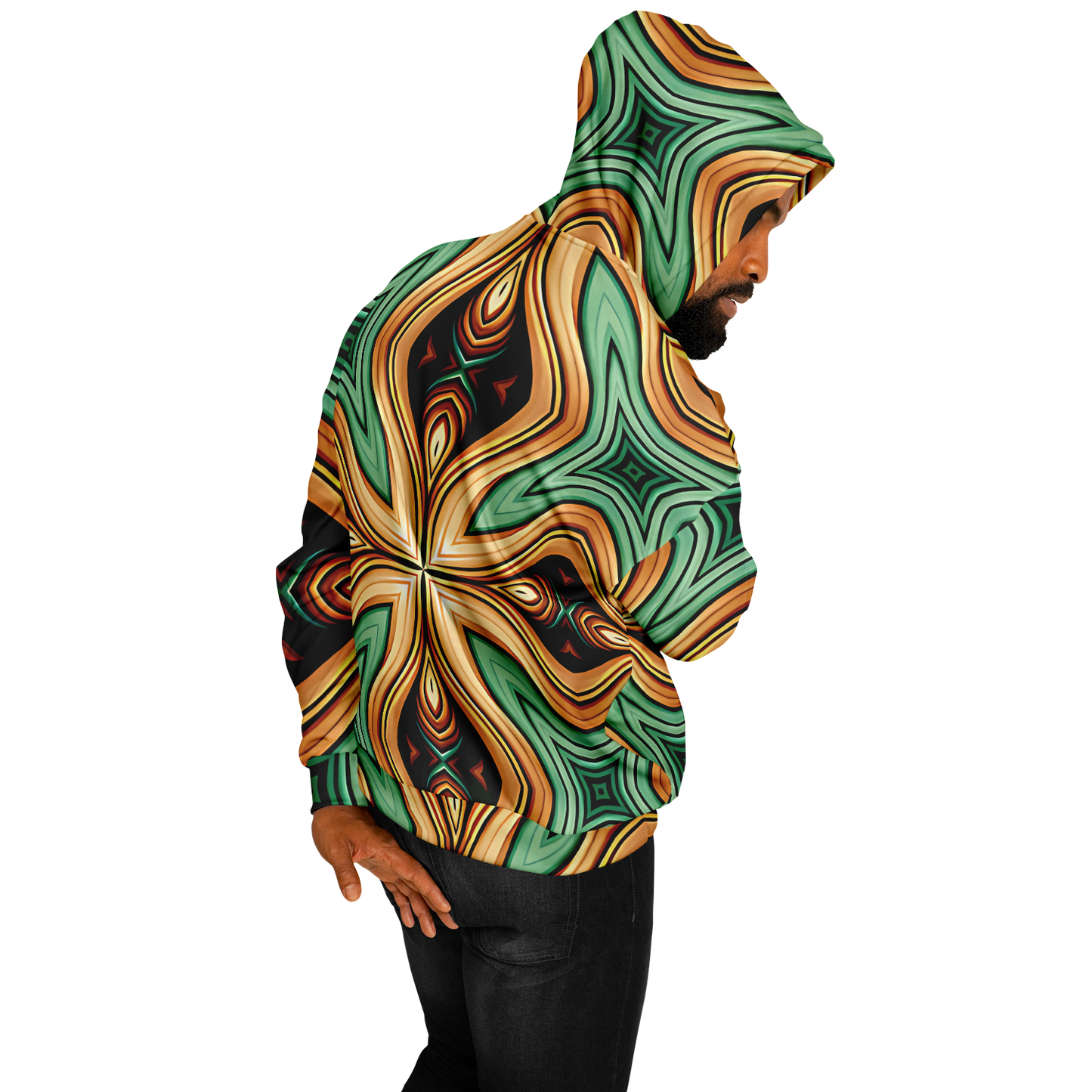Men's  Green & Gold Retro Kaleidoscope Pattern Heavyweight Oversized Hoodie