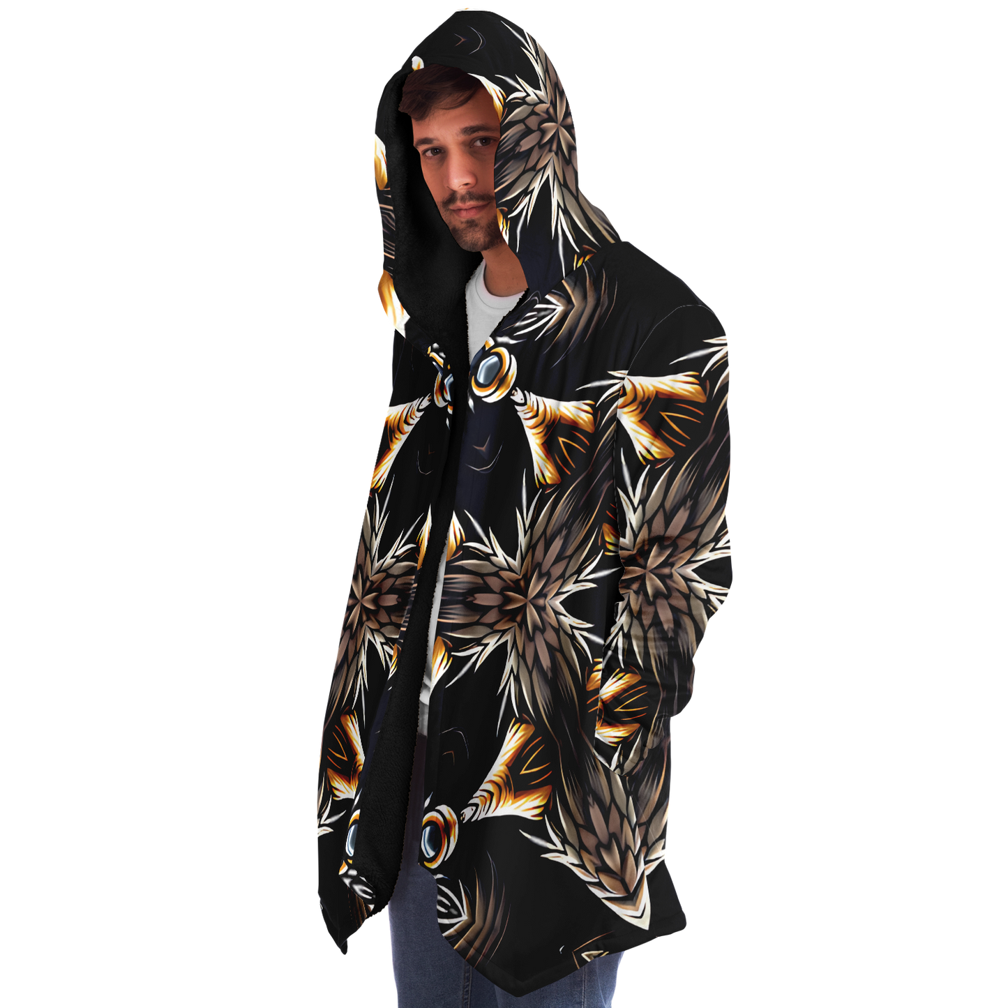 Men's Geometric Black & Gold Kaleidoscope Print Microfleece Cloak