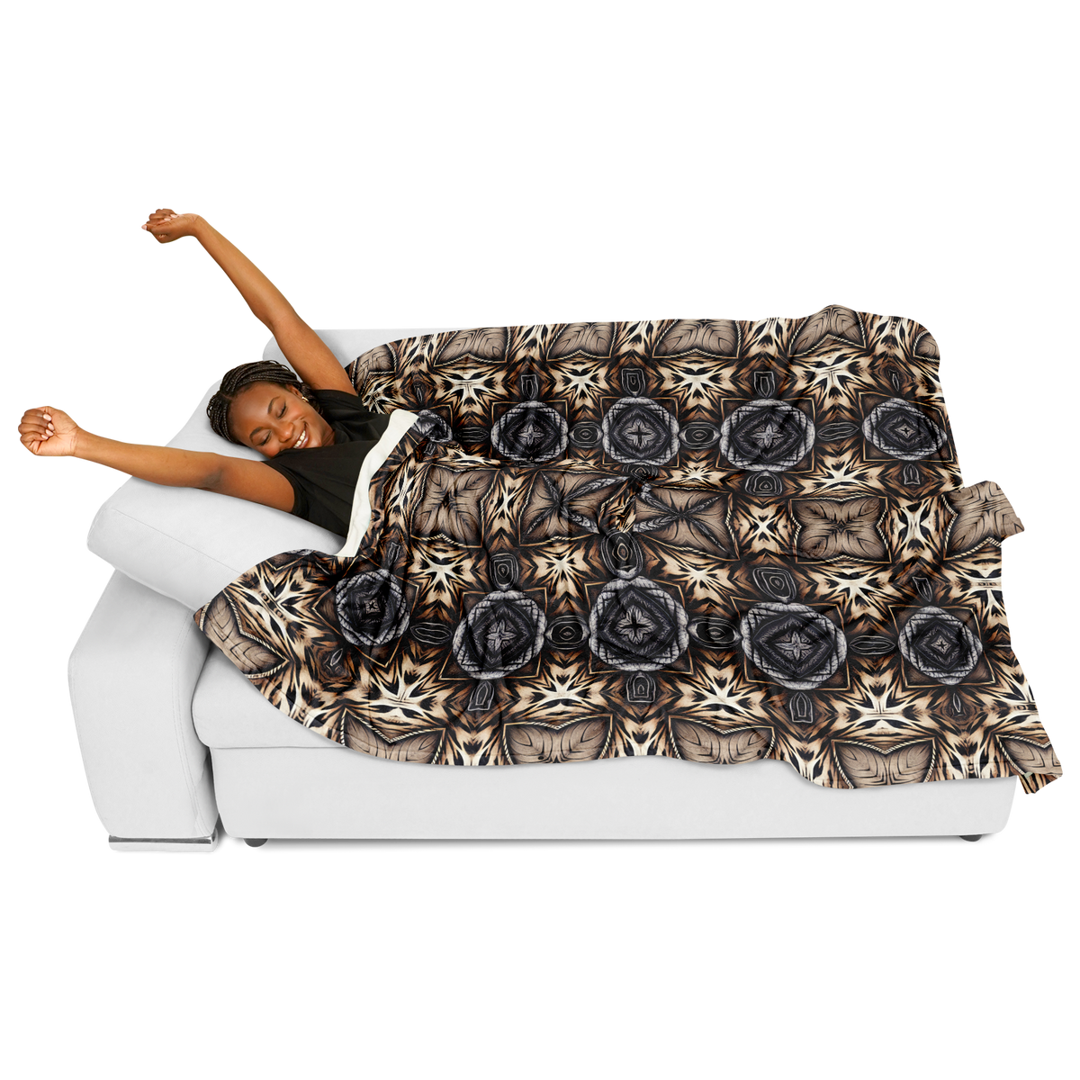 Women's Geometric Kaleidoscope Brown Pattern All Over Print Flannel Blanket Poncho