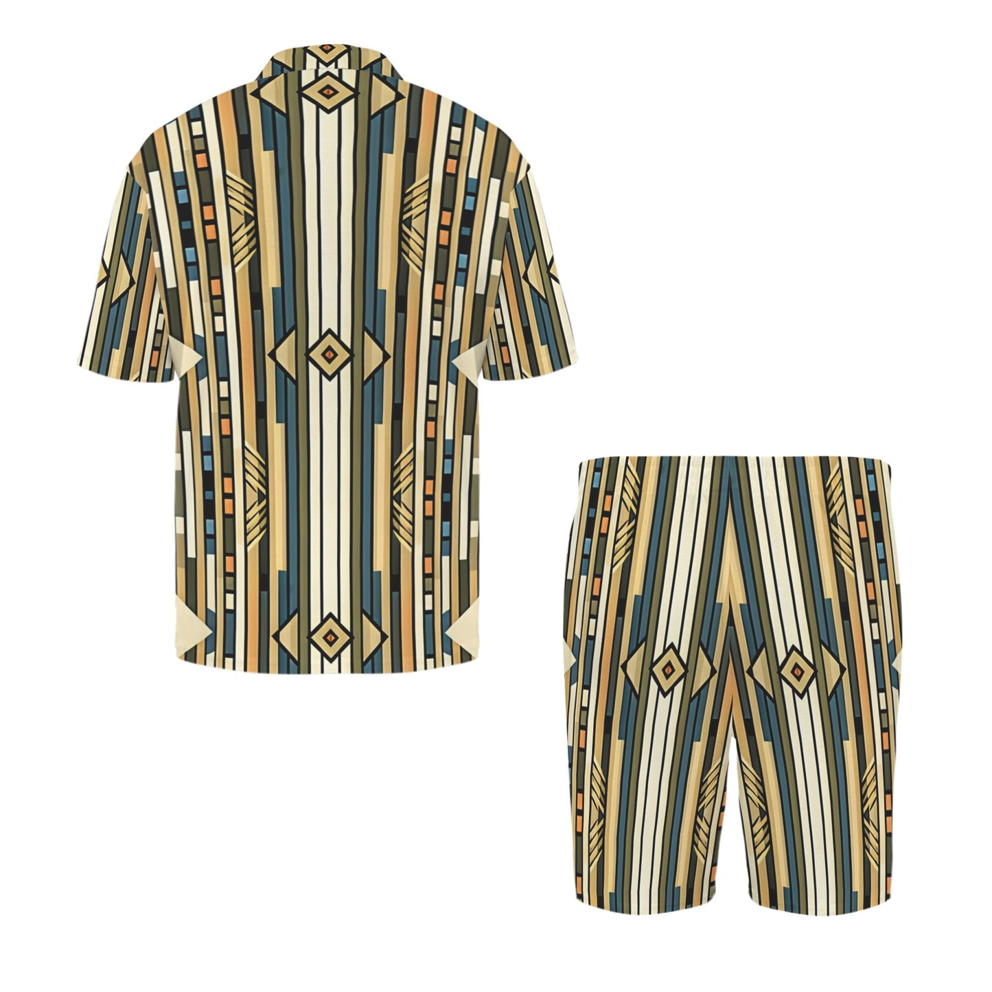 Men's Retro Geometric Tribal Pattern All-Over Print V-Neck Short Pajama Set